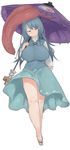 blue_eyes blue_hair breasts commentary_request heterochromia highres huge_breasts long_hair looking_down older pushun_(muteki) red_eyes saliva skirt smile solo tatara_kogasa thighs tongue touhou tunic umbrella 