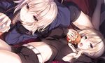  absurdres armpits artoria_pendragon_(all) barefoot bed_sheet belt black_jacket black_shirt black_shorts breasts camisole eating eyebrows_visible_through_hair fate/grand_order fate_(series) food from_above hair_between_eyes hamburger head_rest highres jacket jeanne_d'arc_(alter)_(fate) jeanne_d'arc_(fate)_(all) jewelry looking_at_viewer lying multiple_girls navel necklace on_back on_stomach open_clothes open_jacket open_mouth saber_alter shiny shiny_skin shirt short_shorts shorts sidelocks silver_hair sleeveless sleeveless_shirt small_breasts smile stomach toosaka_asagi wicked_dragon_witch_ver._shinjuku_1999 yellow_eyes 