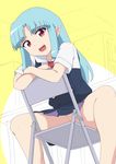  1girl aqua_hair bangs blunt_bangs fang female highres kiriha_(tsugumomo) long_hair looking_at_viewer maimai251 no_panties open_mouth pointy_ears red_eyes school_uniform short_sleeves sitting skirt solo tsugumomo 