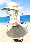  alternate_costume arms_behind_back beach black_legwear blue_sky blush bow breasts closed_mouth cloud commentary_request cowboy_shot day eyeball frilled_shirt frilled_skirt frills green_eyes green_hair grey_skirt hair_between_eyes hat hat_bow heart heart_of_string highres horizon komeiji_koishi long_sleeves looking_at_viewer medium_breasts ocean outdoors shirt skirt sky smile solo sunlight thighhighs third_eye touhou white_hat white_shirt yellow_bow yuuforia zettai_ryouiki 