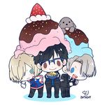  ;d black_hair blonde_hair blue-framed_eyewear blue_eyes bowl brown_eyes chibi dog food formal fruit glasses green_eyes gulisyan hair_over_one_eye hands_on_hips ice_cream jacket katsudon_(food) katsuki_yuuri makkachin male_focus multiple_boys necktie one_eye_closed open_mouth silver_hair smile strawberry suit track_jacket viktor_nikiforov yuri!!!_on_ice yuri_plisetsky 