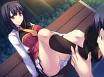  1boy 1girl bench black_hair clothed_female_nude_male devil-seal femdom foot_licking game_cg kneehighs kneeling licking looking_down outside panties red_eyes saliva saxasa short_hair sitting skirt smile softhouse-seal tie tongue trees upskirt 