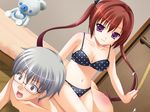  1boy 1girl all_fours artist_request bed brown_eyes cleavage clothed_female_nude_male door femdom game_cg glasses heart long_hair looking_at_viewer navel nipples open_mouth purple_eyes red_hair ruler short_hair sitting sitting_on_person smile spanking teddy_bear underwear 