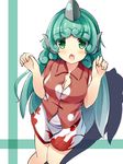  aqua_hair bangs blush breasts buttons cleavage cloud_print commentary_request cowboy_shot curly_hair dancing dress_shirt green_eyes highres horn kariyushi_shirt komano_aun liya long_hair looking_at_viewer medium_breasts open_mouth paw_pose red_shirt shirt short_sleeves shorts solo touhou very_long_hair 