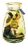  animal barefoot blonde_hair bottle commentary_request fish green_eyes highres in_bottle in_container jar kukka long_hair looking_at_viewer minigirl original personification simple_background smile solo submerged white_background 