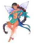  ankle_ribbon anklet arabian_clothes armband bandeau bangs bare_shoulders barefoot black_hair blue_eyes blue_ribbon blush braid breasts breasts_apart carnation chain_belt chichi_(omega_labyrinth) choker cross-laced_clothes dark_skin earrings fairy_wings feet flower french_braid fringe_trim from_side full_body gem hair_flower hair_ornament hair_ribbon hand_on_hip hand_on_own_chest harem_pants highres jewelry leg_lift long_hair looking_at_viewer medium_breasts midriff multi-tied_hair navel off_shoulder official_art omega_labyrinth omega_labyrinth_z open_mouth pants parted_bangs red_flower red_ribbon ribbon ruby_(stone) sapphire_(stone) sarong see-through shawl short_eyebrows simple_background single_braid solo strapless swept_bangs tassel teeth tousaki_umiko underboob very_long_hair white_background wings wristband 