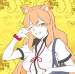  1girl animal_ears blush breasts fate/extra_ccc_fox_tail fate/grand_order fate_(series) japanese_clothes long_hair orange_hair saber_(fate/extra_ccc_fox_tail) smile wink yellow_background yellow_eyes 