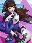  asian brown_hair commentary d.va_(overwatch) facial_mark gun headphones highres long_hair mecha meka_(overwatch) overwatch pilot_suit realistic revision smile solo stanley_lau weapon whisker_markings 