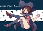  :d bangs bare_shoulders blunt_bangs blush_stickers boots brown_eyes brown_hair crossed_legs dianche_miao_(18826) dress full_body hand_on_headwear hat kagari_atsuko knee_boots legs little_witch_academia looking_at_viewer open_mouth pink_dress round_teeth short_dress sleeveless smile solo sparkle teeth text_focus witch_hat younger 