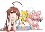  &gt;_&lt; &gt;_o :o ahoge aoki_hagane_no_arpeggio ass bangs barefoot bear beargguy_iii blush bracelet breasts brown_hair closed_eyes commentary_request elbow_rest fang gochou_(atemonai_heya) gundam gundam_build_fighters hands_on_own_cheeks hands_on_own_face heart high_five huge_ahoge jewelry kantai_collection kirishima_(aoki_hagane_no_arpeggio) kuma_(kantai_collection) long_hair looking_to_the_side lying midriff neckerchief no_legwear on_floor on_stomach one_eye_closed open_mouth red_neckwear sailor_collar school_uniform serafuku shadow shirt short_sleeves shorts simple_background small_breasts standing standing_on_person tareme twitter_username white_background white_shirt white_shorts yellow_eyes yotarou_(aoki_hagane_no_arpeggio) 