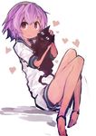  :3 absurdres barefoot black_cat cat heart highres holding kaamin_(mariarose753) kantai_collection knees_up looking_at_viewer no_nose purple_eyes purple_hair sailor_collar school_uniform serafuku short_hair short_sleeves shorts simple_background sitting sketch tama_(kantai_collection) white_background 