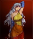  arm_behind_head arm_up armpits breasts collarbone commentary detached_sleeves dress earrings hatchet hater_(hatater) highres jewelry large_breasts long_hair looking_at_viewer mature multicolored multicolored_clothes multicolored_dress red_eyes sakata_nemuno silver_hair solo touhou wavy_hair 