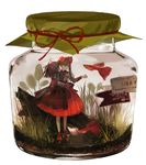  animal bonnet bottle commentary_request fish highres in_bottle in_container jar kukka looking_away minigirl original personification red_ribbon red_skirt ribbon simple_background skirt solo submerged white_background 
