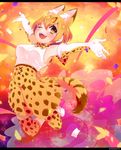  animal_ears bow bowtie commentary_request cross-laced_clothes elbow_gloves gloves high-waist_skirt jumping kemono_friends nibetatoshizo one_eye_closed serval_(kemono_friends) serval_ears serval_print serval_tail shirt short_hair skirt sleeveless sleeveless_shirt solo striped_tail tail 