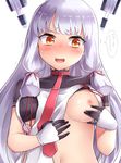  blush breasts eyebrows_visible_through_hair gloves hair_ribbon headgear highres kantai_collection long_hair medium_breasts multicolored multicolored_clothes multicolored_gloves murakumo_(kantai_collection) necktie neit_ni_sei nipples open_mouth orange_eyes red_neckwear red_ribbon remodel_(kantai_collection) ribbon silver_hair simple_background solo speech_bubble sweat translation_request trembling tress_ribbon white_background 