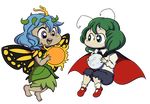  alternate_skin_color antennae aqua_eyes banned_artist barefoot blue_hair blush_stickers butterfly_wings cape dress eternity_larva green_dress green_hair hair_between_eyes hair_ornament holding leaf_hair_ornament long_sleeves moon multiple_girls no_mouth open_mouth purple_eyes robin_(unlimited_world) shirt short_hair shorts sun touhou white_shirt wings wriggle_nightbug yellow_wings 