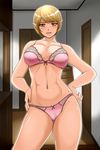  bangs blonde_hair bow bow_bra bow_panties bra breasts collarbone contrapposto cowboy_shot crotch_seam devil_mama doorway hands_on_hips highres large_breasts looking_at_viewer mature navel panties parted_lips pink_bra pink_eyes pink_panties pointy_ears remon_keiki short_hair smile solo standing swept_bangs thighs underwear underwear_only 
