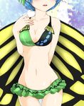  adapted_costume ass_visible_through_thighs bare_arms bare_shoulders bikini blue_hair blush breasts butterfly_wings cleavage collarbone commentary_request cowboy_shot eternity_larva frilled_bikini frills g_(desukingu) green_bikini_bottom groin hair_ornament head_out_of_frame highres leaf_hair_ornament medium_breasts mismatched_bikini multicolored_bikini_top navel parted_lips short_hair solo stomach swimsuit touhou wings yellow_wings 
