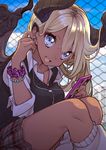  blonde_hair blue_eyes blue_sky bracelet cellphone chain-link_fence cloud day demon_girl earphones fence gyaru highres horns jewelry kogal loose_socks open_mouth original outdoors phone single_earphone_removed skirt sky smartphone socks solo sweater_vest tan westxost_(68monkey) wings 