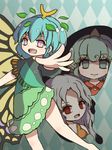  :d antennae aqua_background argyle argyle_background bangs bare_legs barefoot blue_hair bright_pupils butterfly_wings buttons closed_mouth collared_shirt curly_hair dress eternity_larva eyebrows_visible_through_hair fang flat_chest gradient gradient_background grey_hair hair_between_eyes hair_ornament highres horn kariyushi_shirt komano_aun leaf_hair_ornament looking_at_viewer messy_hair multicolored multicolored_clothes multicolored_dress multiple_girls open_mouth outstretched_arm outstretched_hand purple_eyes red_eyes red_shirt rekishitai_hoonoji sakata_nemuno shirt short_hair short_sleeves single_strap smile tareme touhou upper_body wings yellow_wings 