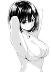  armpits arms_behind_head arms_up attsun_(atsushi_jb) bangs bare_shoulders bikini blush breasts cleavage closed_mouth collarbone greyscale hair_between_eyes jindou_hikari large_breasts long_hair looking_at_viewer monochrome sekai_ka_kanojo_ka_erabenai simple_background smile solo strap_gap swimsuit underboob upper_body white_background 