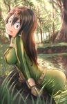  :&gt; alternate_hair_length alternate_hairstyle arched_back ass asui_tsuyu belt black_eyes black_hair bodysuit boku_no_hero_academia breasts closed_mouth day frog_girl gloves grass green_bodysuit light_particles long_hair looking_at_viewer medium_breasts outdoors partially_submerged pasoputi pond solo tongue tongue_out tree water 
