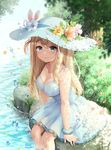  bad_id bad_pixiv_id blonde_hair blue_eyes blush breasts day dress flower girls_frontline hat hat_flower highres large_breasts long_hair looking_at_viewer outdoors river runamochi sitting smile soaking_feet solo suomi_kp31_(girls_frontline) water white_dress 
