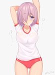  arm_behind_head arm_up ass_visible_through_thighs bra breasts buruma cleavage closed_mouth dated fate/grand_order fate_(series) grey_background gym_uniform hair_over_one_eye kuavera large_breasts looking_at_viewer mash_kyrielight pink_hair purple_bra purple_eyes red_buruma see-through shirt short_hair short_sleeves simple_background solo sportswear twitter_username underwear wet wet_clothes wet_shirt 