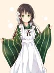  ama_usa_an_uniform apron bangs beige_background black_hair blunt_bangs blush brown_hair closed_mouth eyebrows_visible_through_hair flower frilled_apron frills gochuumon_wa_usagi_desu_ka? green_eyes green_kimono hair_flower hair_ornament japanese_clothes kimono long_hair long_sleeves looking_at_viewer shiina_kuro simple_background smile solo ujimatsu_chiya wa_maid white_flower wide_sleeves 