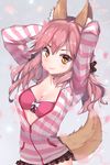  animal_ears bow bra breasts cleavage collarbone fate/extra fate_(series) fox_ears fox_tail hair_bow highres ilxodidli large_breasts light_smile looking_at_viewer open_clothes open_shirt pink_bra pink_hair shirt shorts solo tail tamamo_(fate)_(all) tamamo_no_mae_(fate) underwear yellow_eyes 