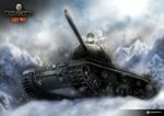  blonde_hair blue_eyes caterpillar_tracks cloud commentary ground_vehicle highres kei_(keigarou) kv-1 kv-85 long_hair military military_vehicle motor_vehicle mountain official_art sky snow snowing tank wargaming_japan world_of_tanks 