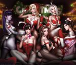  6+girls animal_ears antlers arm_up ashe_(overwatch) ass asymmetrical_hair bangs bare_shoulders bikini black_hair black_legwear black_leotard blonde_hair blue_eyes blurry blurry_background blurry_foreground bow breasts brigitte_(overwatch) brown_eyes brown_hair bunny_ears bunny_tail christmas cleavage covered_navel d.va_(overwatch) detached_collar dragon_tattoo facepaint finger_to_mouth fur_trim genderswap genderswap_(mtf) gloves hair_ornament hairclip hanzo_(overwatch) hat headband headphones highleg highleg_leotard highres japanese_clothes kimono kneeling large_breasts leotard liang_xing lips long_hair looking_at_viewer looking_back mercy_(overwatch) mole_above_mouth multiple_girls necktie off_shoulder overwatch pantyhose parted_lips patreon_username pink_bow ponytail purple_eyes purple_hair purple_skin red_bikini red_eyes red_gloves red_leotard red_neckwear red_ribbon ribbon santa_hat short_hair shoulder_tattoo sidelocks sitting smile strapless strapless_leotard swept_bangs swimsuit tail tattoo thighhighs torn_clothes torn_legwear watermark web_address whisker_markings white_hair white_legwear widowmaker_(overwatch) wrist_cuffs 