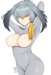 arms_behind_head arms_up band-width bangs black_hair bodystocking breast_cutout breasts breasts_apart breasts_outside closed_mouth collarbone cowboy_shot expressionless eyebrows_visible_through_hair framed_breasts gradient_hair grey_hair highres kemono_friends long_hair looking_at_viewer low_ponytail medium_breasts multicolored_hair nipples no_tail orange_hair shiny shiny_clothes shiny_hair shoebill_(kemono_friends) side_ponytail signature simple_background skin_tight solo standing tsurime white_background yellow_eyes 