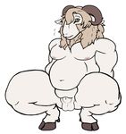  2015 anthro b-dorai balls bulge caprine clothed clothing crouching hair hi_res horn male mammal nipples nude penis penis_tip sheep simple_background slightly_chubby smile solo spreading thick_thighs topless wide_hips 