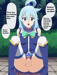  1girl anus aqua_(konosuba) aqua_hair blue_eyes english hair_ornament kono_subarashii_sekai_ni_shukufuku_wo! long_hair looking_at_viewer no_panties open_mouth ponytail pussy ribbon skirt stockings translation uncensored 