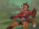  2017 abs accidental_exposure anthro athletic backwards_baseball_cap balls baseball_cap baseball_glove black_fur black_markings black_nose canine chunie claws clothed clothing detailed_background digital_media_(artwork) facial_markings falling flaccid fluffy fluffy_tail foreskin fox fur grass hair hat hi_res humanoid_penis looking_up male mammal markings multicolored_fur navel neck_tuft open_mouth orange_eyes orange_fur outside penis raised_shirt red_fox shorts smile solo sport sweater teeth text tongue tree tuft uncut wardrobe_malfunction water whiskers white_fur 