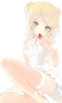  bangs bare_shoulders blonde_hair blush collarbone double_bun dress food food_in_mouth fruit green_eyes hair_ornament hairclip kagamine_rin kojiki-life looking_at_viewer ribbon short_hair simple_background sitting solo strawberry swept_bangs thigh_ribbon thighs vocaloid white_background white_dress white_ribbon 