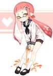 bike_shorts brown_eyes can domino_mask hair_ornament hairclip highres inkling kneehighs leaning_forward long_hair mary_janes mask pink_hair pointy_ears shirt shoes short_hair_with_long_locks shorts sidelocks smile soda_can solo spilling splatoon_(series) sprbouuz tentacle_hair white_legwear white_shirt 