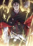  &gt;:) belt_pouch black_eyes black_hair black_pants black_vest cape cowboy_shot fate/grand_order fate_(series) hijikata_toshizou_(fate/grand_order) japanese_clothes katana long_sleeves looking_at_viewer male_focus military military_uniform pants parted_lips pouch sheath sheathed shirt smile solo sword uniform v-shaped_eyebrows vest weapon white_shirt yahako 