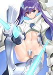  armor armored_boots blue_eyes boots commentary_request crotch_plate fate/extra fate/extra_ccc fate/grand_order fate_(series) hair_ribbon long_hair looking_at_viewer meltlilith navel purple_hair revealing_clothes ribbon shiny shiny_hair shunichi simple_background solo very_long_hair white_background 
