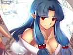  bad_id bad_pixiv_id bangs bare_shoulders blue_hair blunt_bangs breasts cleavage collarbone highres japanese_clothes kimono kiriha_(tsugumomo) large_breasts long_hair looking_at_viewer no_bra obi off_shoulder paperfinger pointy_ears red_eyes sash smile solo tsugumomo white_kimono 