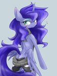  anthro azurepicker blush clothing equine friendship_is_magic horn looking_at_viewer looking_back mammal my_little_pony princess_luna_(mlp) smile solo sweater virgin_killer_sweater winged_unicorn wings 
