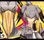  bangs bird bird_wings black_gloves black_hair blonde_hair bodystocking breast_pocket breasts commentary_request eyebrows_visible_through_hair fingerless_gloves gloves grey_hair grey_shirt head_wings highres kemono_friends kyuumoto_kuku letterboxed long_hair looking_at_viewer low_ponytail medium_breasts multicolored_hair necktie parted_lips pocket shirt shoebill shoebill_(kemono_friends) short_sleeves side_ponytail smile tsurime upper_body white_neckwear wings yellow_eyes 