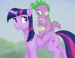  2017 cutie_mark dragon duo equine feathered_wings feathers female feral friendship_is_magic hair horn mammal multicolored_hair my_little_pony outside purple_eyes purple_feathers riding scalie silfoe sky spike_(mlp) twilight_sparkle_(mlp) winged_unicorn wings 