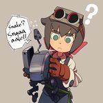 ? ammonio brown_hair closed_mouth constanze_amalie_von_braunschbank-albrechtsberger crossover english eyebrows gloves goggles goggles_on_head green_eyes grey_background highres holding little_witch_academia long_sleeves looking_at_another luna_nova_school_uniform metal_gear_(series) metal_gear_mk._ii ponytail red_ribbon ribbon robot short_hair simple_background speech_bubble thick_eyebrows 
