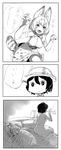  after_sex animal_ears back bed bow bow_(bhp) bowtie breasts cigarette comic commentary covering_face elbow_gloves gloves greyscale highres kaban_(kemono_friends) kemono_friends medium_breasts monochrome multiple_girls nude open_mouth role_reversal ruined_for_marriage serval_(kemono_friends) serval_ears serval_print serval_tail shirt short_hair sketch skirt sleeveless sleeveless_shirt smoke smoking tail thighhighs translated yuri 