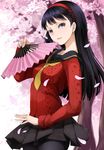  amagi_yukiko bangs black_hair black_legwear blunt_bangs cherry_blossoms fan folding_fan hairband highres long_hair long_sleeves nemu_(nebusokugimi) pantyhose persona persona_4 petals school_uniform serafuku solo 