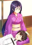  1girl alternate_costume architecture black_hair commentary_request east_asian_architecture fate/grand_order fate_(series) floral_print fujimaru_ritsuka_(male) jacket japanese_clothes kimono lap_pillow long_hair long_sleeves minamoto_no_raikou_(fate/grand_order) motherly mugipot obi purple_hair purple_kimono sash short_hair uniform very_long_hair wooden_floor 