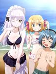  2girls absurdres angry bikini blood breasts cleavage clockwork_planet highres jealous large_breasts long_hair marie_bell_breguet miura_naoto multiple_girls nosebleed official_art one_eye_closed ryuzu_(clockwork_planet) short_hair small_breasts swimsuit thumbs_up 
