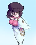  1girl aether_foundation big_hair breasts cowboy_shot curvy glasses gradient gradient_background green_eyes hand_on_own_chest highres large_breasts nintendo pink-framed_eyewear pokemon pokemon_(game) pokemon_sm purple_hair ribbed_sweater shinywafflecakes short_hair smile solo standing sweater thick_thighs turtleneck turtleneck_sweater wicke_(pokemon) wide_hips 